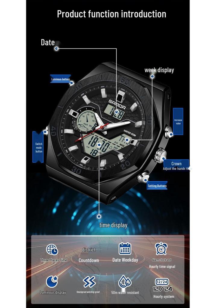 SANDA Multifunctional Sports Watch - Large Dial, Luminous, Waterproof Design for Students.