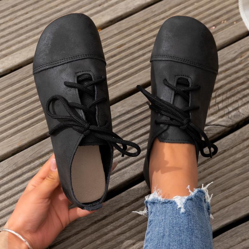 Retro Flat-bottomed Lace-up Single Shoes Women's Spring New Large-size Round-head Soft-soled Doudou Shoes Size 43