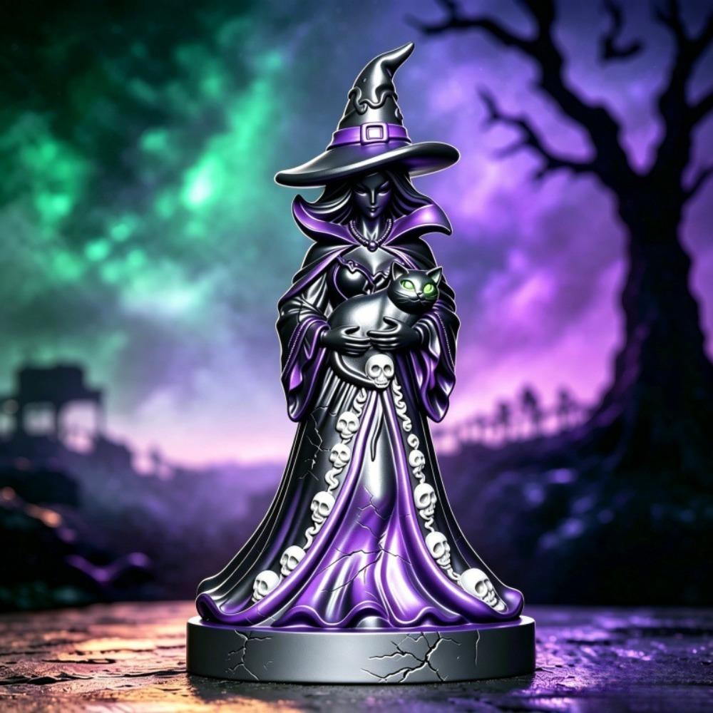 Witch Figurine Statue for Halloween - Resin Home Decor Desktop Ornament, Spooky Gothic Table Decorations for Festival