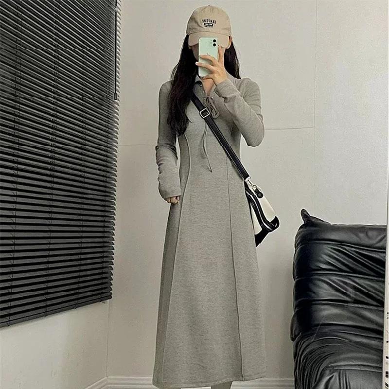 Gray Women's Elegant Waist-Cinched Long Sleeve Dress - Korean Style Spring/Autumn 2026