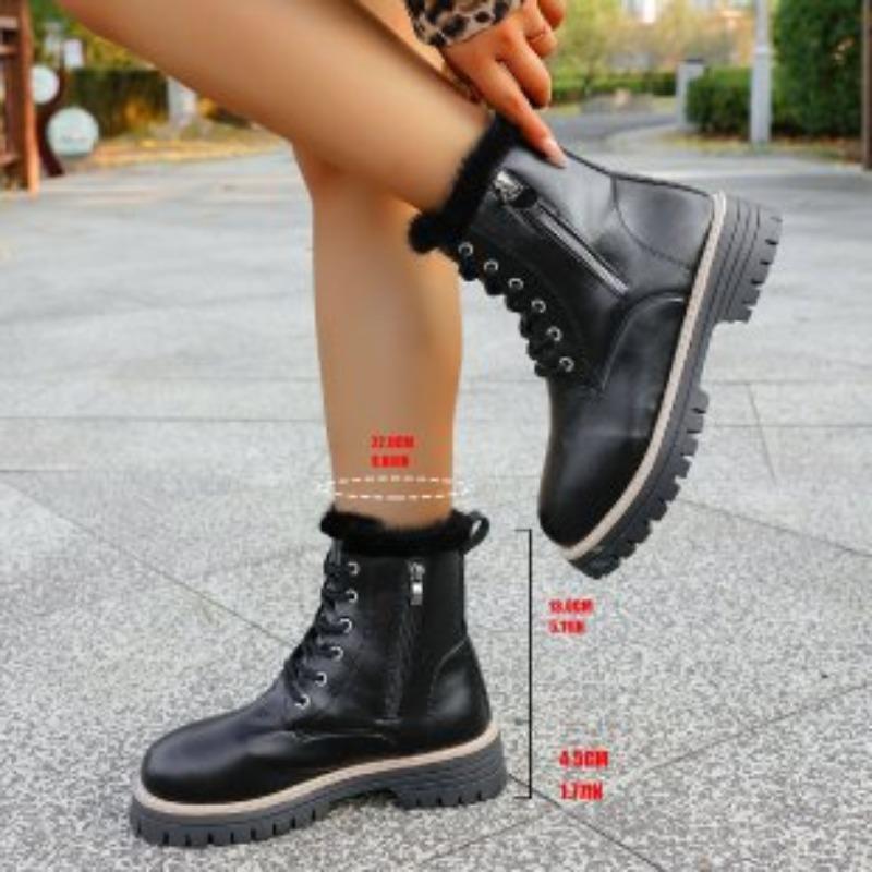 British Style Women's Large Size Padded Thickened Winter Warm Fur One Snow Boots Padded Lining Ankle Boots Non-slip Hiking Sports Martin Boots