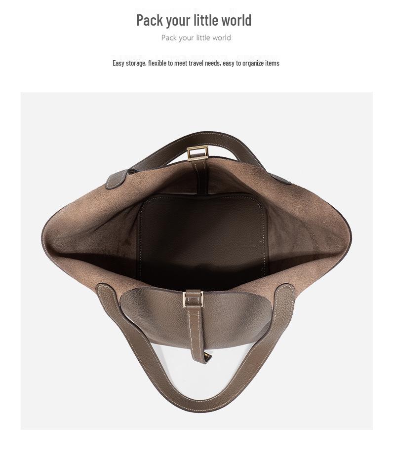 Extra Large Genuine Leather Single Shoulder Market Basket Bag - Top Layer Cowhide Exquisite Women's Handheld Bucket Bag