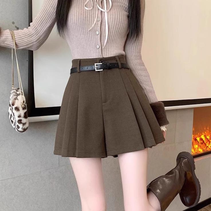

2024 Women s Coffee High Waist Woolen A-Line Pleated Skirt Shorts for Autumn/Winter XS кавовий