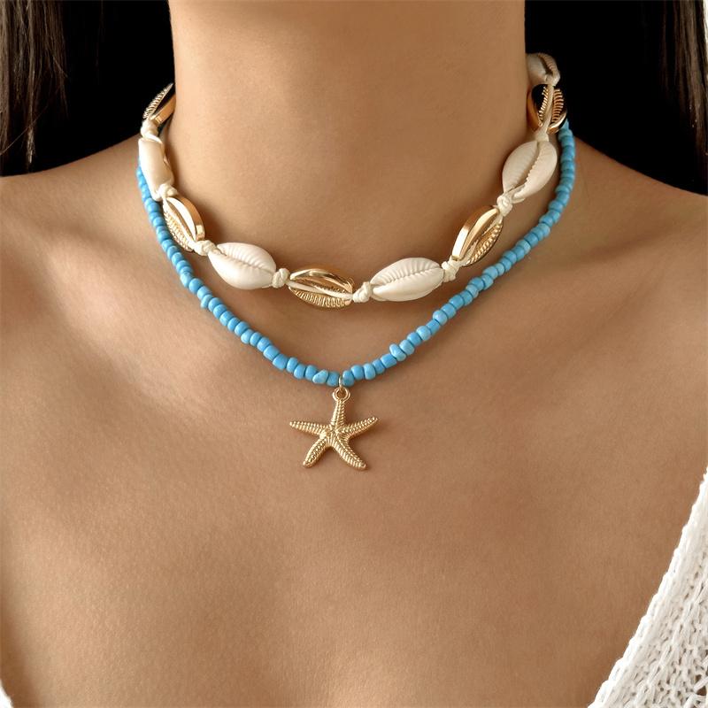 Boho Gold Color Starfish Shell Pendant Necklace for Women Double Layer Rice Beads Sea Shell Choker Summer Beach Party Jewelry