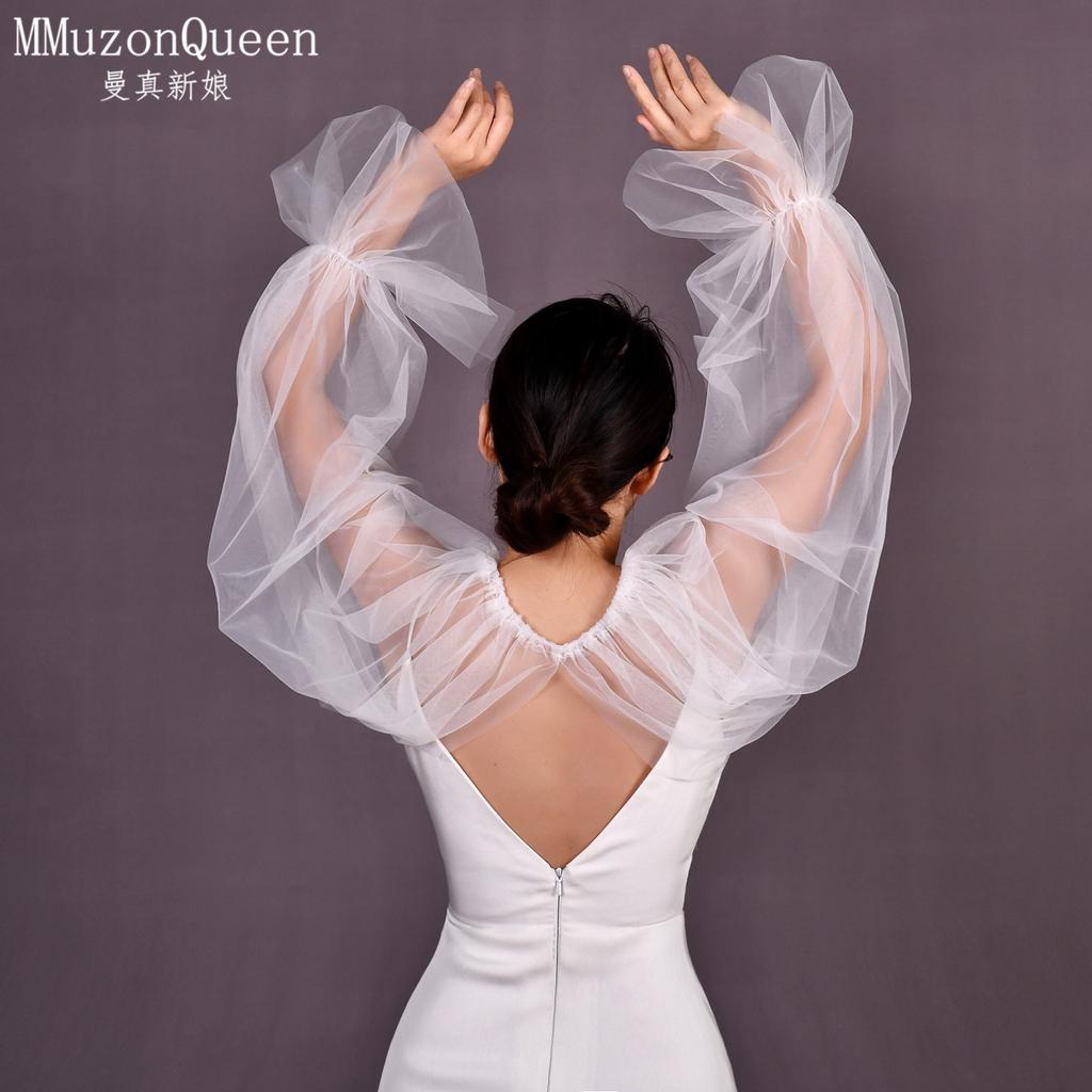 Two Colors Sheer Tulle Long Sleeve Cape Shrug, Elastic Ruffle Cuff Mesh Cover Up for Strapless Satin Wedding Dress Bridal Evening Party Photoshoot