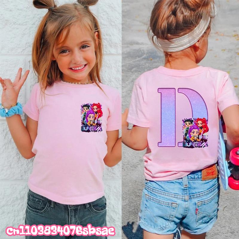 Fashion A-Z 26 Letter Print Kids Clothing Kpop Demon Hunters Graphic Y2k Tops Girls Boys Short Sleeve Tees Child T-shirts