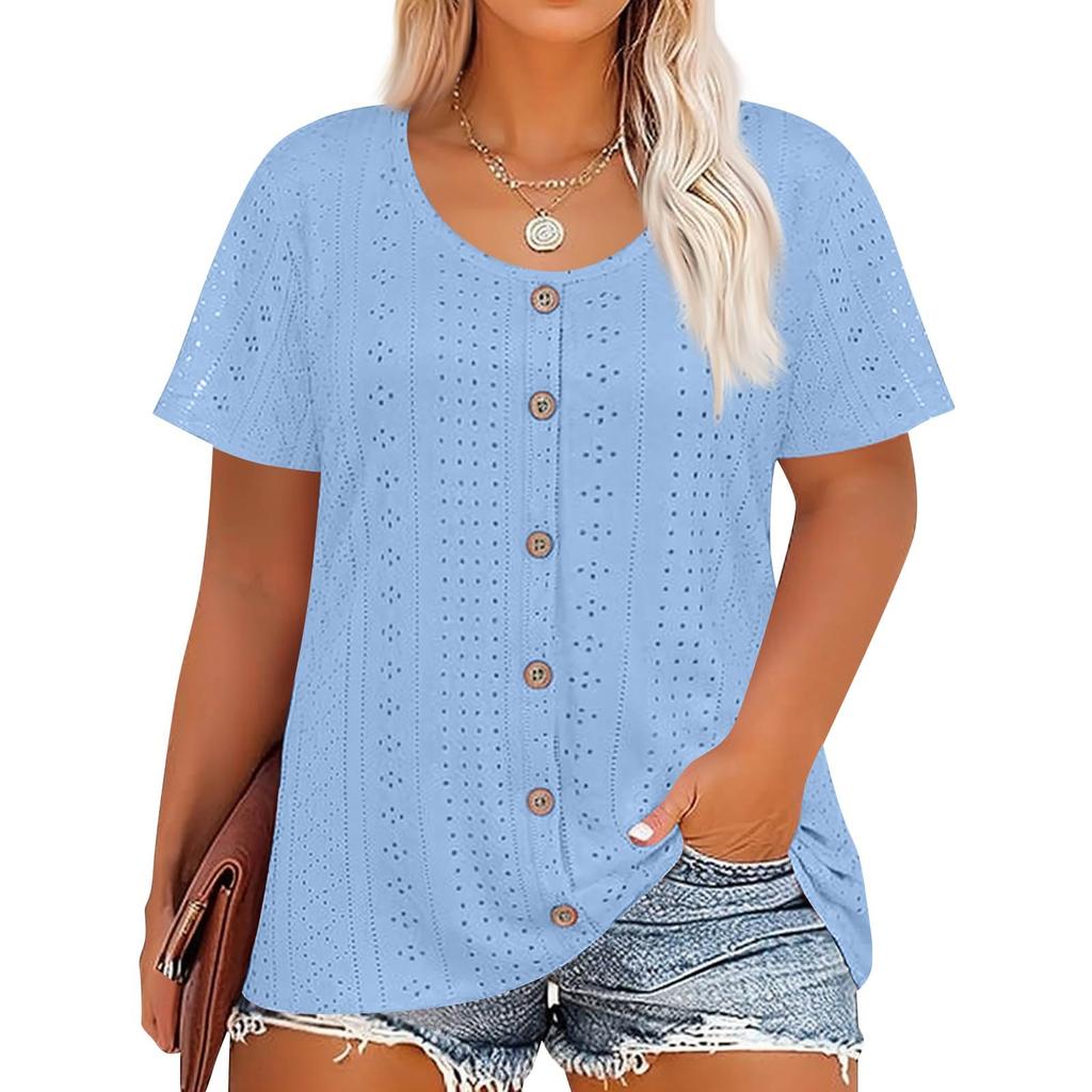 Plus Size Women's Fashion Casual Vintage Soild O-Neck Short Sleeve Button T-Shirt Top