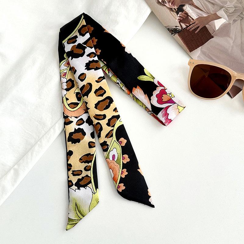 Long silk scarf new niche fashion versatile plaid leopard print neck scarf headscarf headband hair tie decorative belt