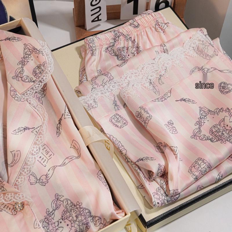 Hello Kitty Luxury Satin Ice Silk Pajama Set: Women's Sweet Print Lace Two-Piece for Spring/Fall