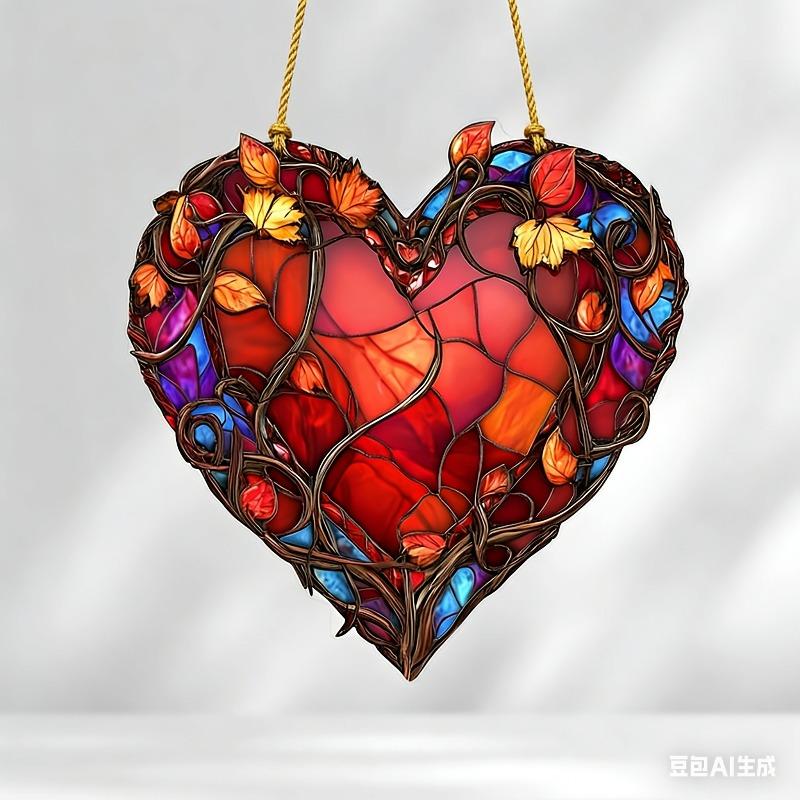 2D Flat Vibrant Acrylic Red Heart Decoration Sign, Stained Glass Style Design, Suitable for wall decoration, porch, room, villa, accents Home, Hallway