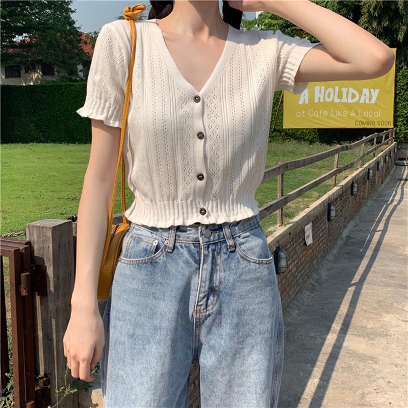 

Женский летний белый вязаный кардиган, футболка с v-образным вырезом и коротким рукавом, сплошной цвет, черный, белый