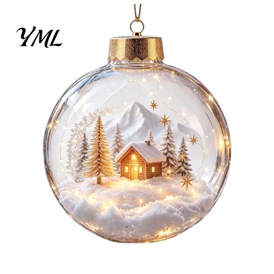 Christmas Hanging Decorations Ball Ornament with LED Lights, Snow Scene Acrylic Clear Theme Decor, Shatterproof Xmas Tree Sphere Holiday