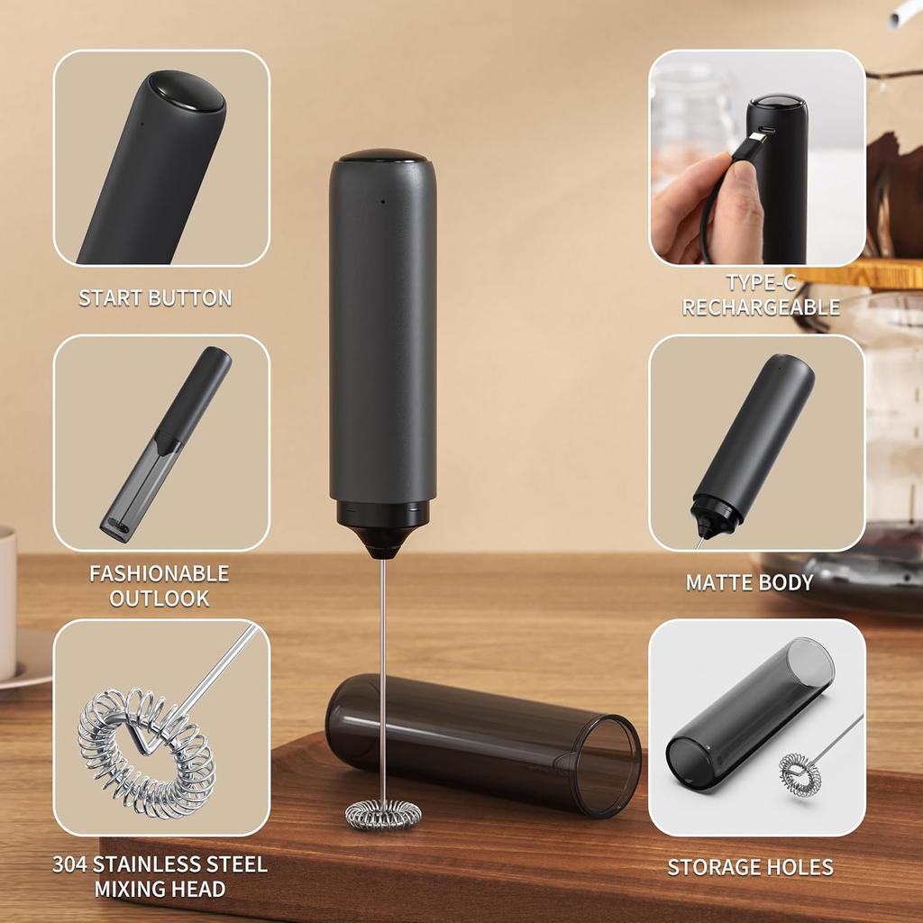 Wiederaufladbarer Milchaufschäumer Handheld mit Deckel Elektrischer Hand-Schaumschläger Tragbare Getränkemischer für Matcha, Lattes und Cappuccino, Schwarz