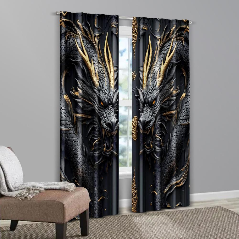 2pcs   Light Filtering Curtains  print Vintage Dragon Totem Black and Golden Versatile Durable Polyester (without rod) Stuff