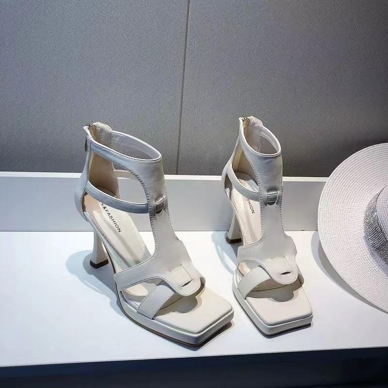 2024 Summer High Heels Women Sandals Square Toe Rome Shoes Sexy Retro Slippers Fashion Open Toe Flip Flops Mujer Slides Pumps