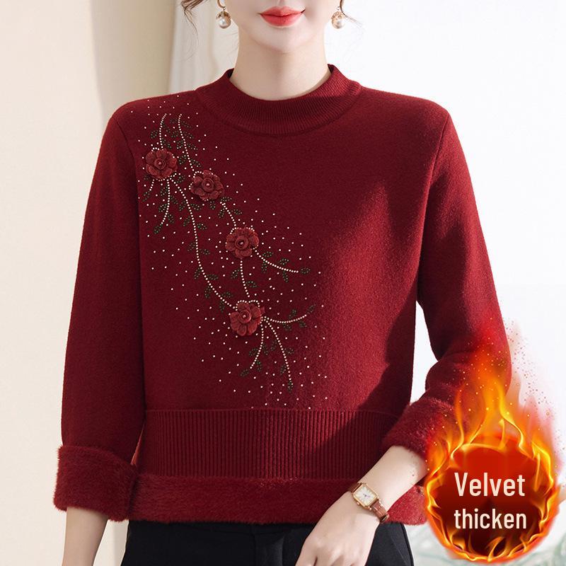 Women's Mid-Aged & Elderly Knitted Half-high Collar Fleece Sweater - Stylish, Thermal, Thickened Winter Wear.