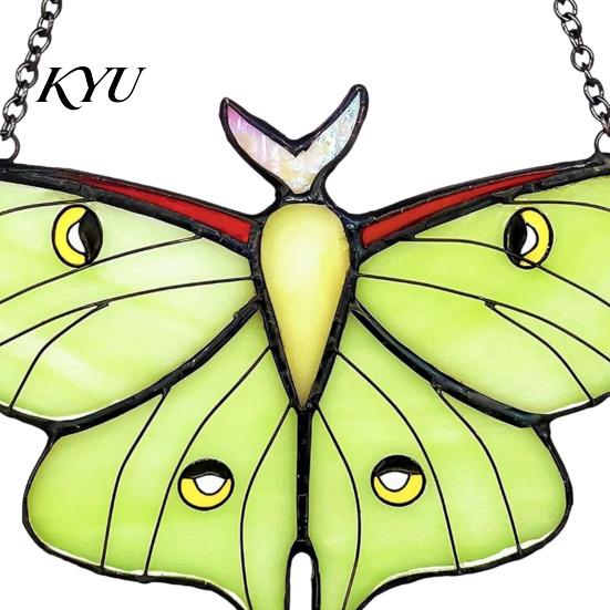 Green Insect Window Hanging Stained Glass Style Hanging, Acrylic Moth Suncatcher, Decorative Pendant with Transparent Art Metal Chain, Ornament