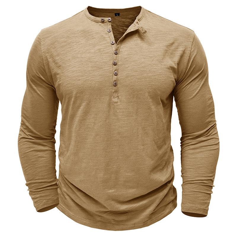Autumn New High-End Men Cotton Button Henley Neck T-shirts Fashion Solid Color Long Sleeve T Shirt Casual Button Top Tees