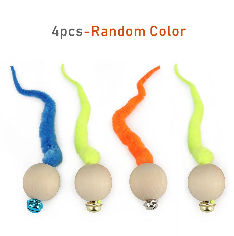 4pcs Simulation Worm Cat Toy With Bell Wooden Ball Head Tail Interactive Teaser Cat Toys Pet Funny Cat Stick Replacement Head