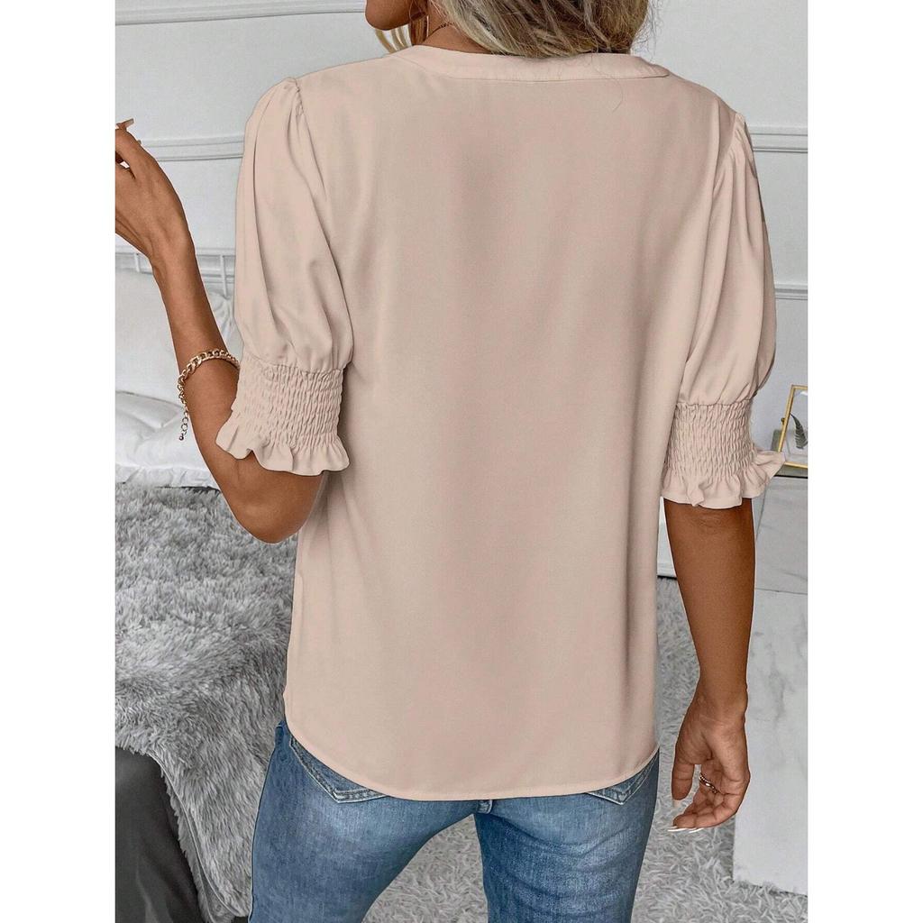 Summer new V-neck temperament bubble sleeves solid color casual women's T-shirt top