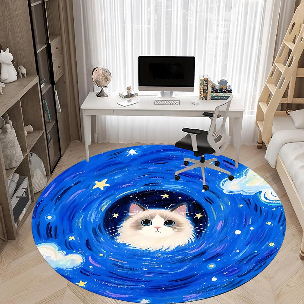 1PC Cosmic Cat Office Round Rug, Non Slip, Soft and Durable Office Rug for Interior Decoration, Perfect for Office
