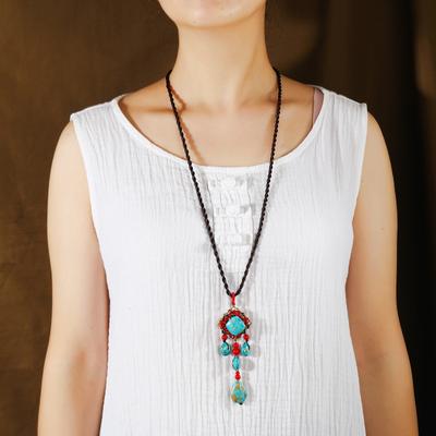 Original Design Turquoise Fringed Necklace Women's Retro Personality Temperament Long Fringed Sweater Chain with Accessories