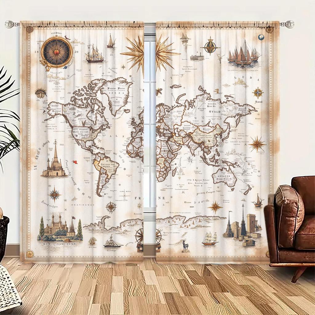 2 Panels Retro Nautical Map Pattern Window Curtains Half Blackout Suitable for Artistic Home Decorative Curtains