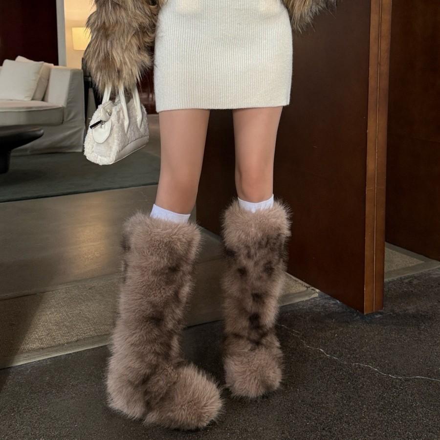 2025 new European and American fox hair y2k snow boots gal series medium boots Spice girl thick-soled fluffy boots