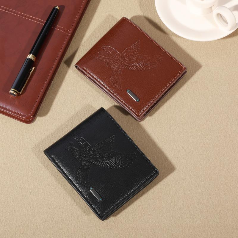 Eagle-Embossed Black PU Leather Men's Wallet: Waterproof & Scratch-Resistant with Plaid Detail, Large Capacity & Multiple Card S