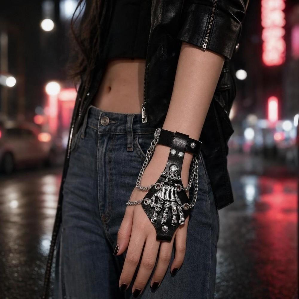 Solid Color PU Leather Bracelet Adjustable Wide Chain Bracelet Dark Style Skull Wristband Unisex