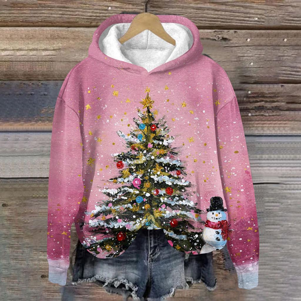Women's Fashion Long Sleeve Christmas Print Loose Hooded Sweatshirt Top