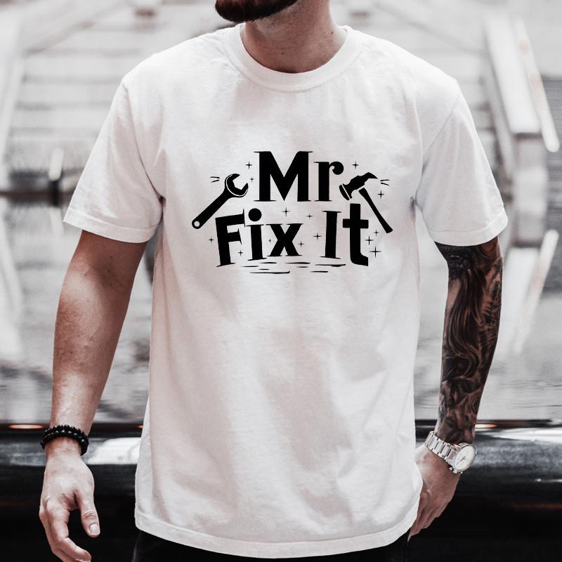 Mr. Fix It T-Shirt for Men, Hammer Wrench Graphic Tee Urban Casual Short Sleeve O Neck Tops Cool Handyman Gift for  Father s Day S
