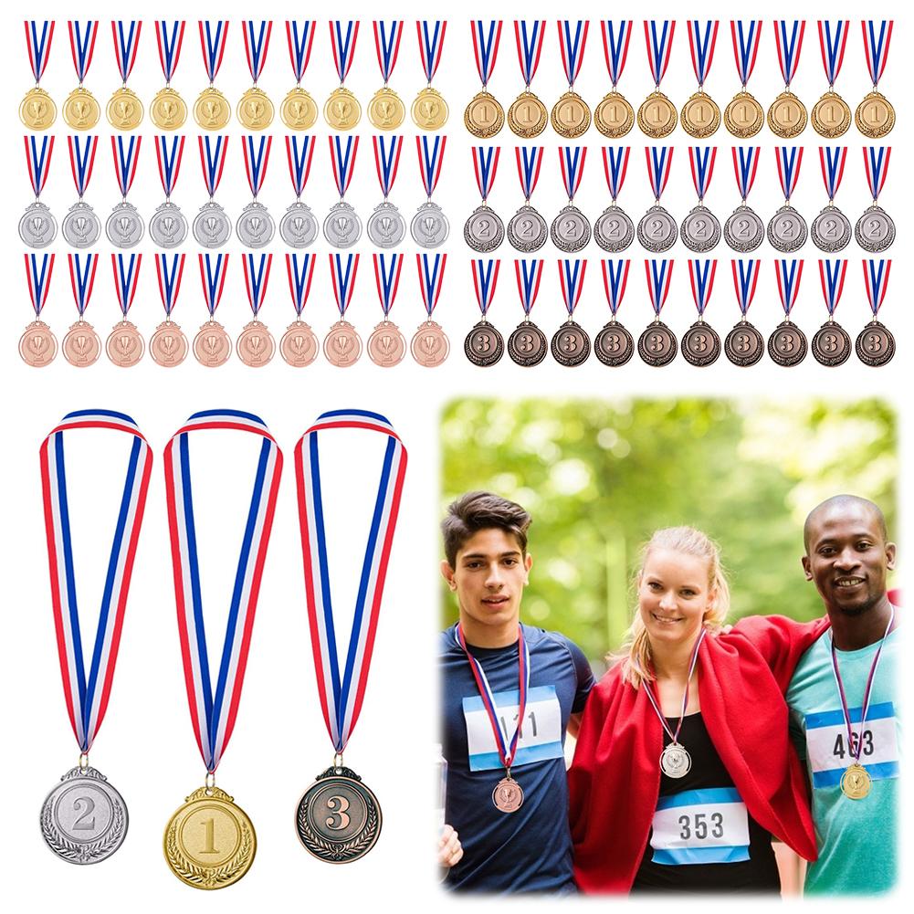 30pcs 2inch 1st 2nd 3rd Prize Medal with Neck Ribbon Gold Silver Bronze Prize Round Metal Medal for Kids School Sports Meeting