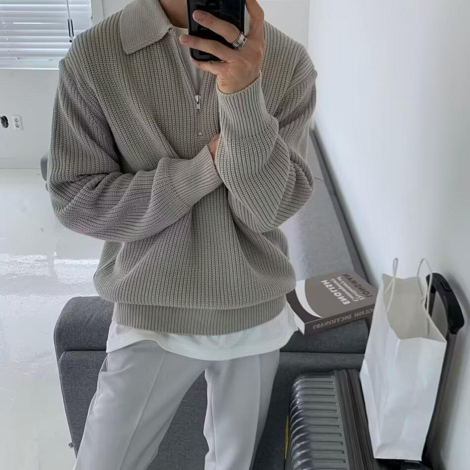 Men's Retro High-End Half-Zip Knit Sweater - Casual Loose Fit, Autumn/Winter Japanese Style with Lapel.