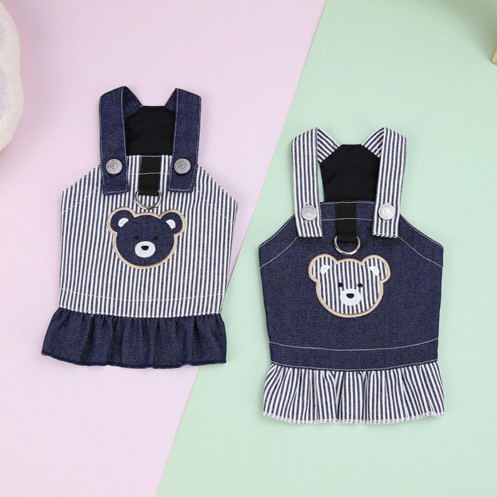 Breathable Pet Strap Denim Skirt Cute Dog Vest Harness Pet Bear Stripe Dress Chihuahua Poodle