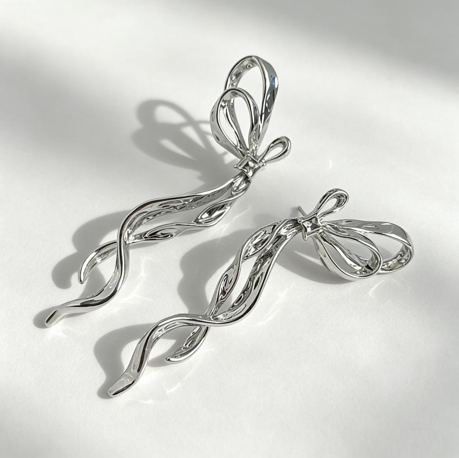 Korean-Style Creative Ribbon Bow Liquid Silver Earrings for Women