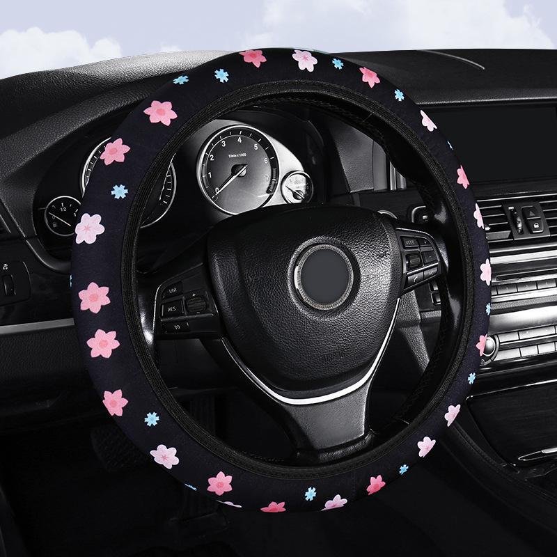 2023 New Style Breathable Fabric Steering Wheel Cover with Flower Pattern and Elastic Band Shoulder Cover
