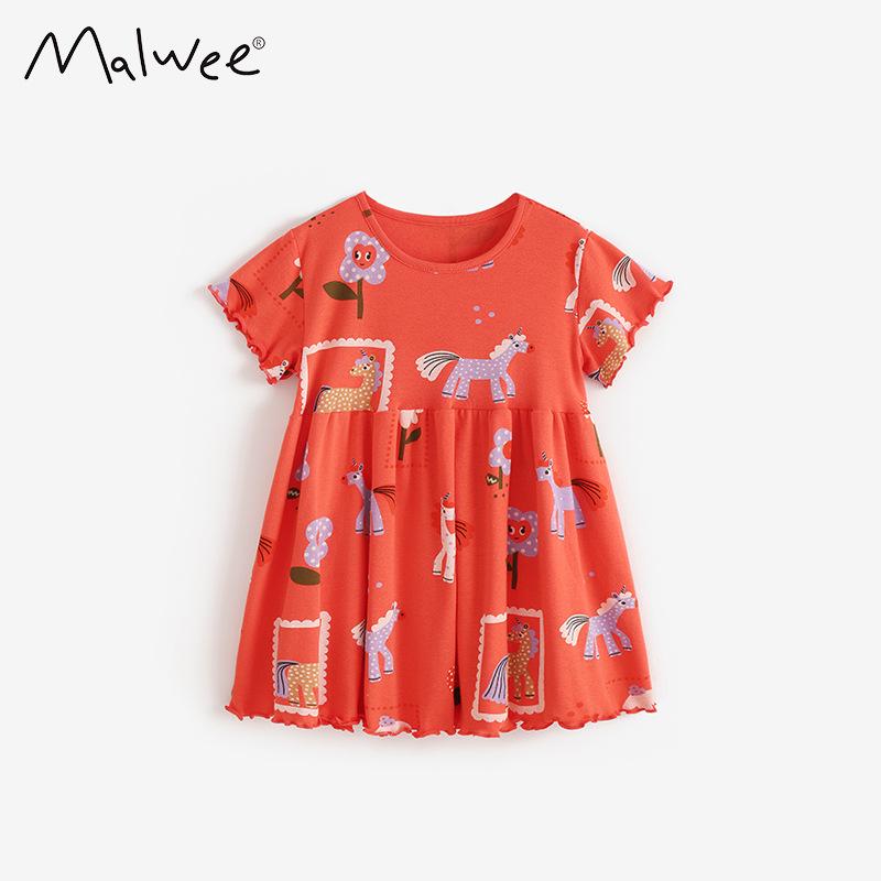 

Malwee Girls Summer Princess Dress - European & American Style, Round Neck, Short Sleeve, Cute Little Girl Skirt Size 110