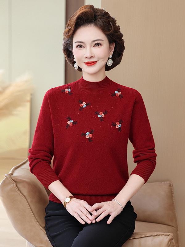 Embroidered High-Neck Pure Wool Sweater for Autumn/Winter - Elegant Base Layer for Middle-Aged & Elderly