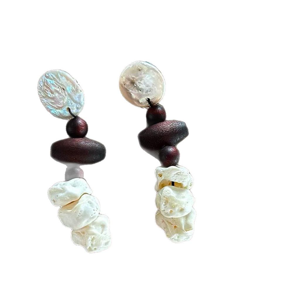 Wind Retro Earrings, Natural Baroque Handmade Earrings, Bone Wood Splicing Design Niche Earrings