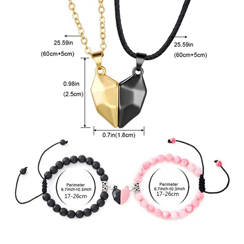 4x Magnetic Couple Bracelet Set Heart Pendant Matching Necklace Forever Love Jewelry Gifts for Couple Best Friends
