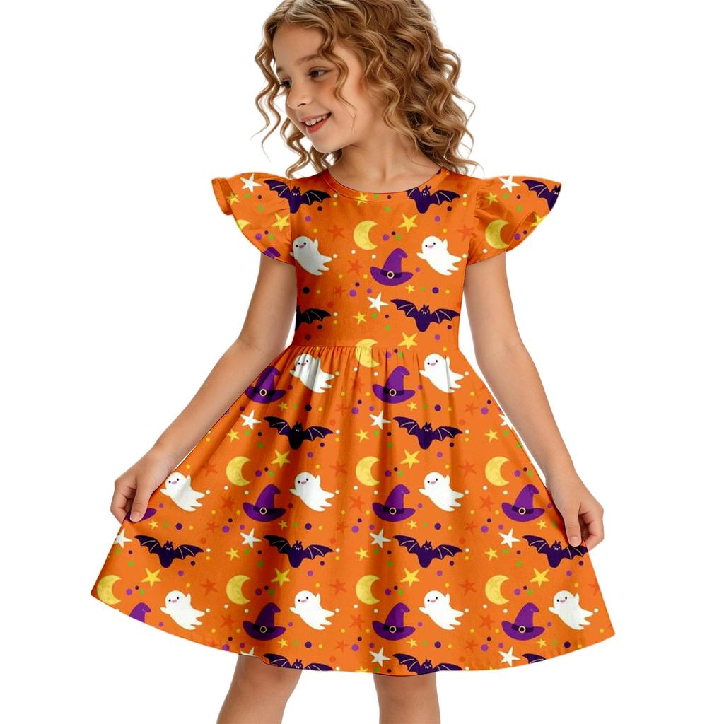 Girls Halloween Casual Dress Ruffle Sleeve Round Neck Patchwork Pattern Knee Length Dress for Kids