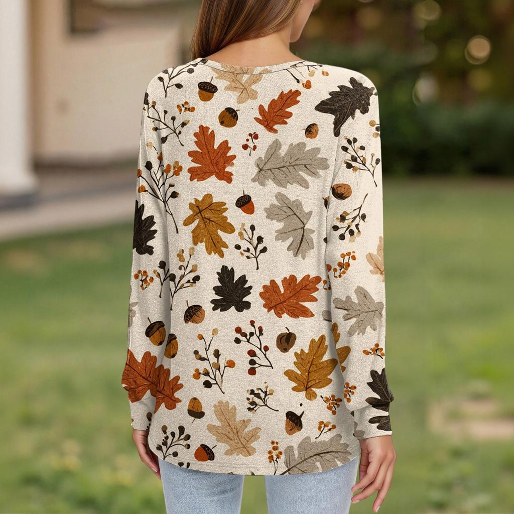 T-shirt dam T-shirt med långärmad knapp för daglig helgmode Basic V-hals vanlig topp