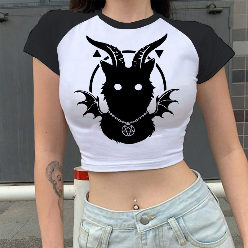 

Y2k Fairy Grunge Emo Sexy Gothic Crop Top Vintage Harajuku Black Short Sleeve O-neck T Shirts Aesthetic Clothes Streetwear Tanks L