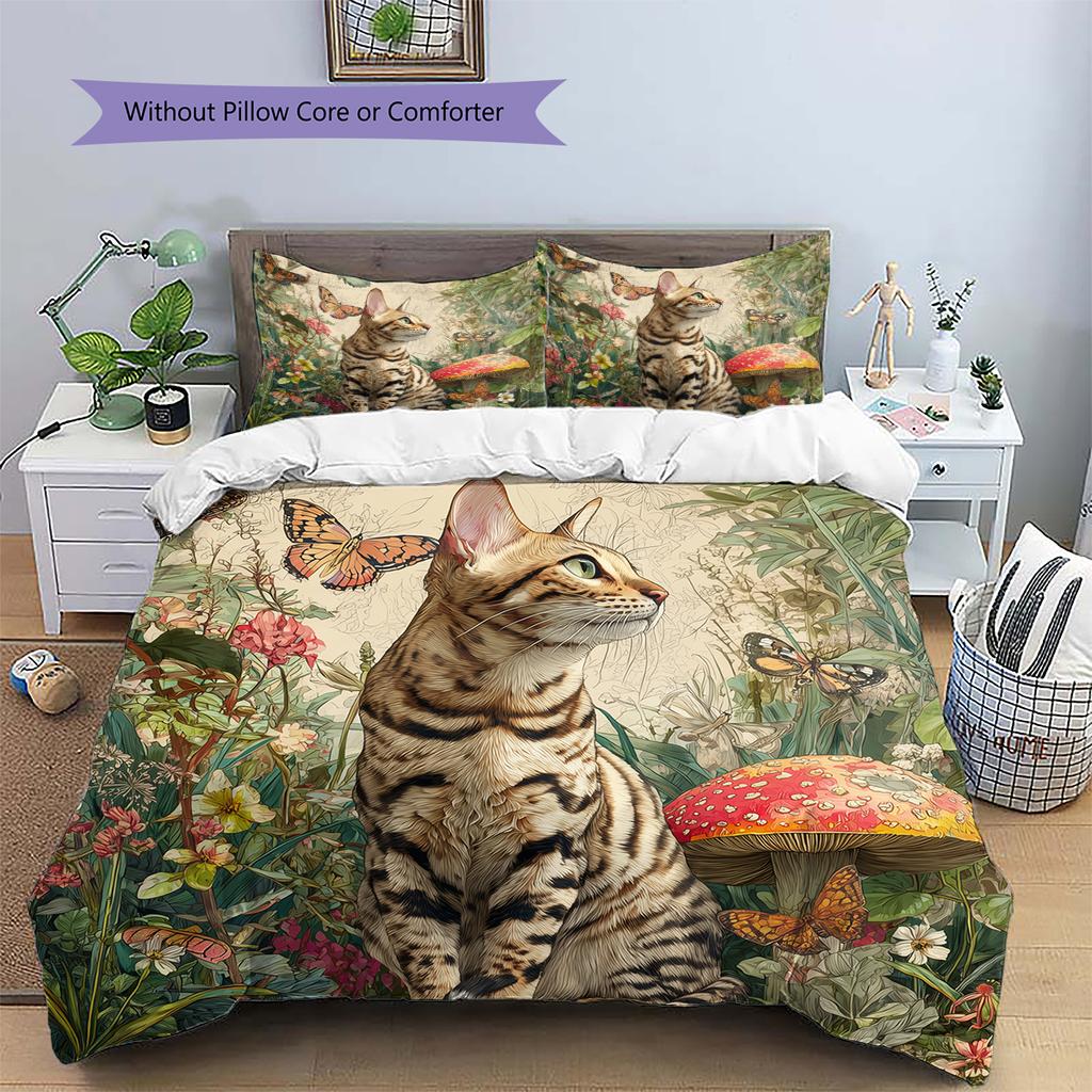 Bengal Cat and Grassland Pattern Bedding Home Decoration Birthday Gift (1 * Duvet Cover + 2 * Pillowcase, Without Core)