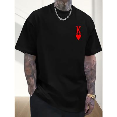 Europäische Größen Herren Schweres T-Shirt - Rundhals Kurzarm-T-Shirt mit Rotes Herz Pik-Ass Grafik - Weicher Atmungsaktiver Stoff