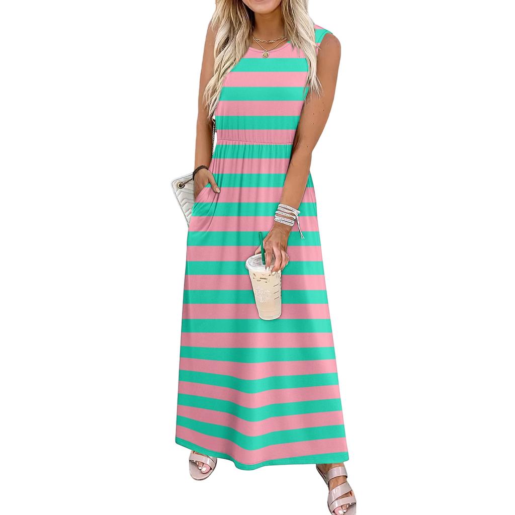 Ladies' striped printed casual and fashionable waist cinched sleeveless dress