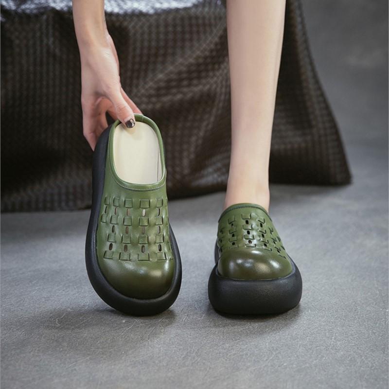 Johnature Chaussons d'extérieur rétro en cuir de vachette à semelles épaisses et bout rond, tissés à la main, polyvalents, pour femmes, à enfiler