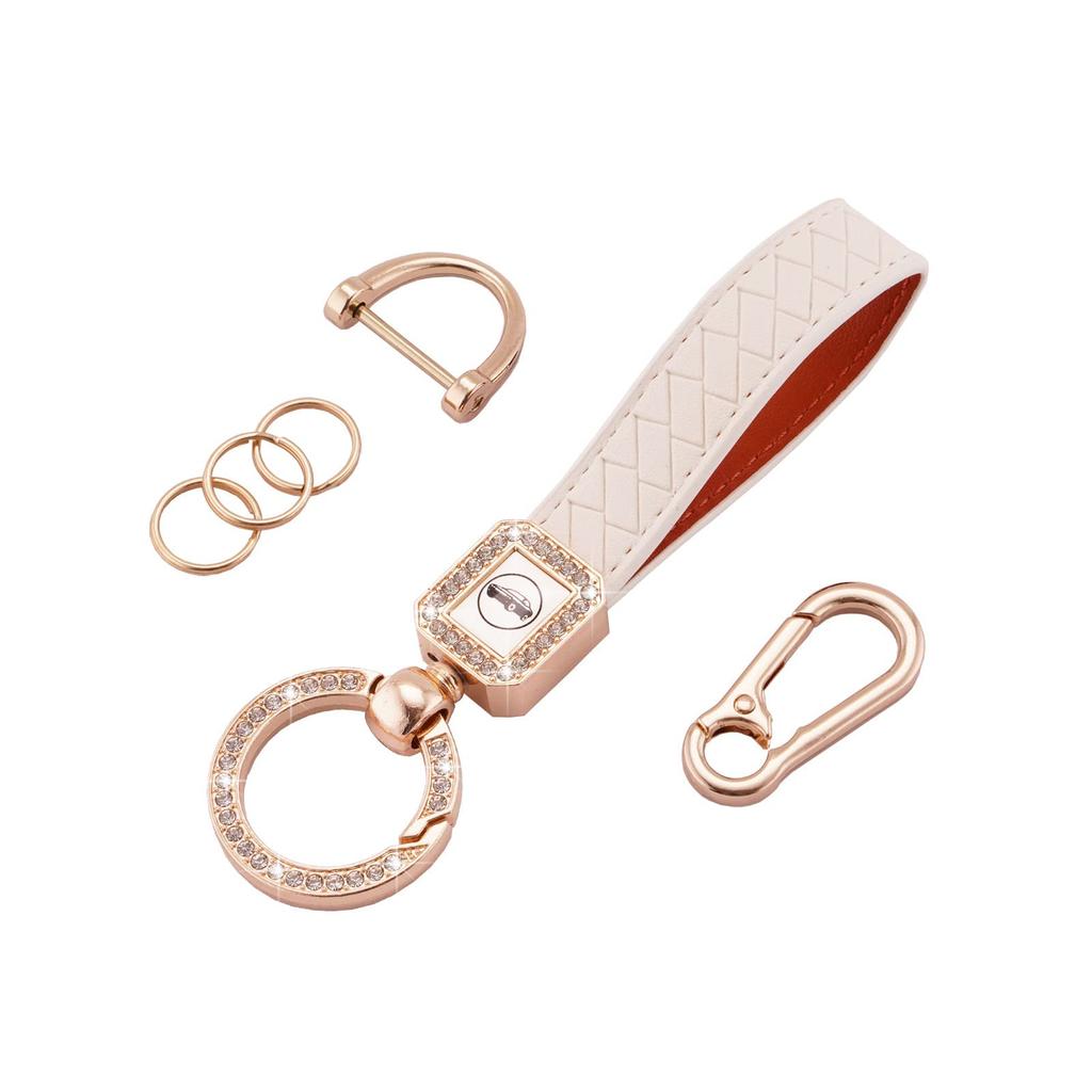 EKALA Universal Leather Car Key Holder with Key Rotation Anti-Lost D-Ring Fob, 360-Degree (White)