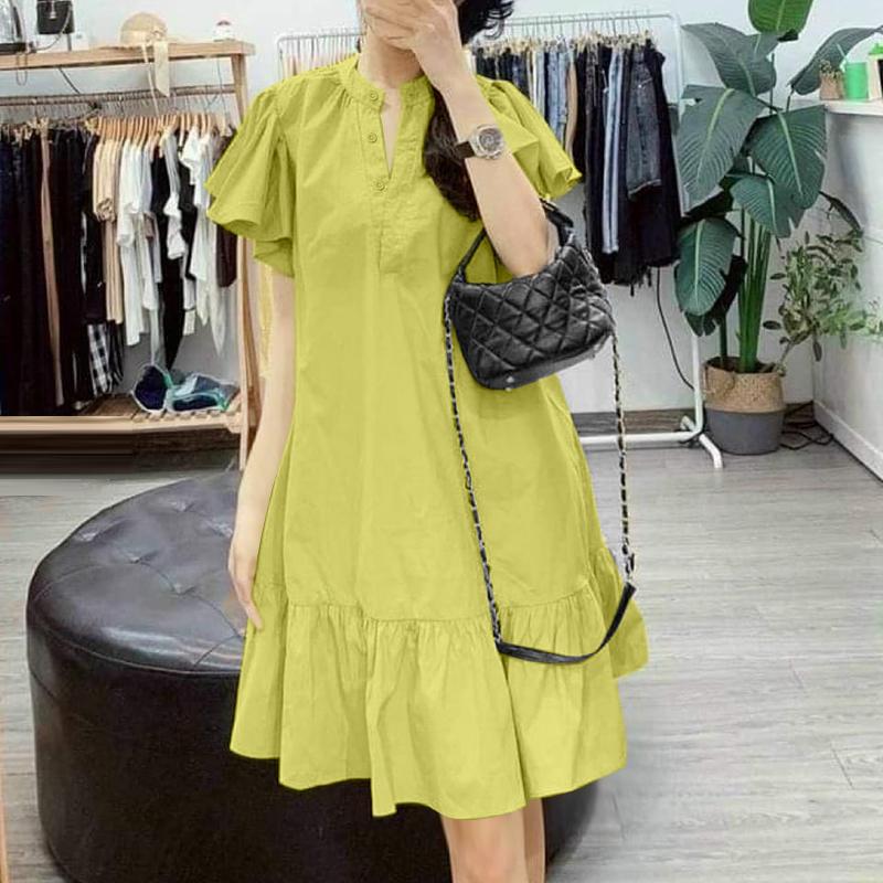 

ZANZEA Женское повседневное платье с воротником-стойкой, однотонное, свободного кроя, с коротким рукавом 5XL